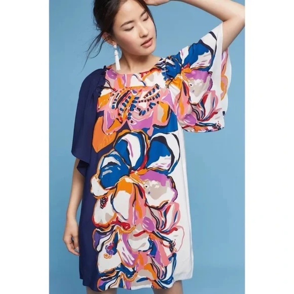 Anthropologie Maeve Floral Vero Flutter Sleeves Silk Shift Dress - size M